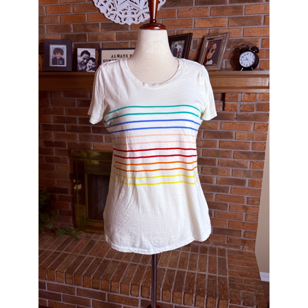 Style & Co T-Shirt Women Cream Rainbow Stripe Slub Cotton Scoop Neck M